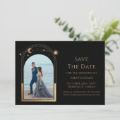 神秘的なシックなブラック金ゴールドサンムーンスター宇宙 セーブザデート (スタンド正面)