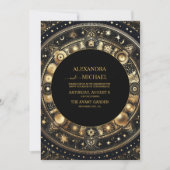 神秘的なシックなブラック金ゴールドサンムーン結婚ズ 招待状 (正面)
