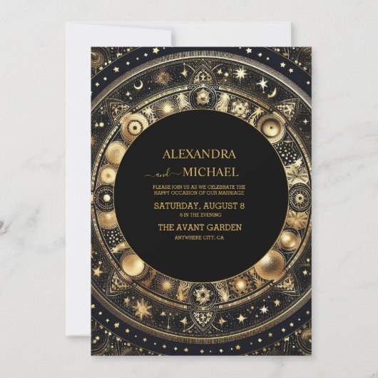神秘的なシックなブラック金ゴールドサンムーン結婚ズ 招待状 (正面)