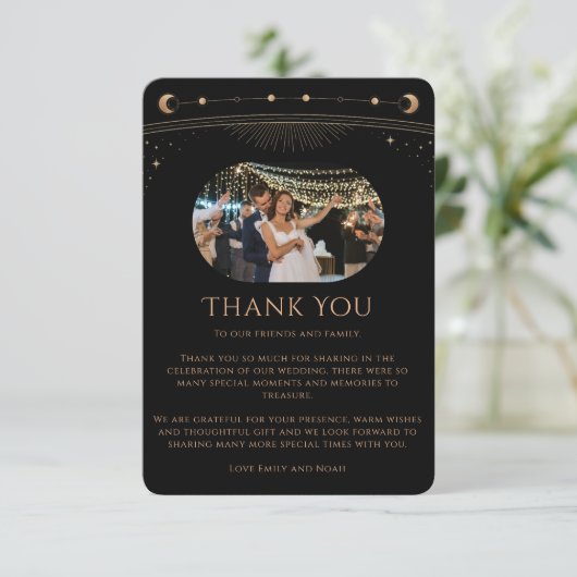 神秘的なシックなブラック金ゴールドスタームーンフォト結婚ズ サンキューカード (スタンド正面)