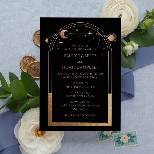 神秘的なシックなブラック金ゴールドスタームーン天文学宇宙 招待状