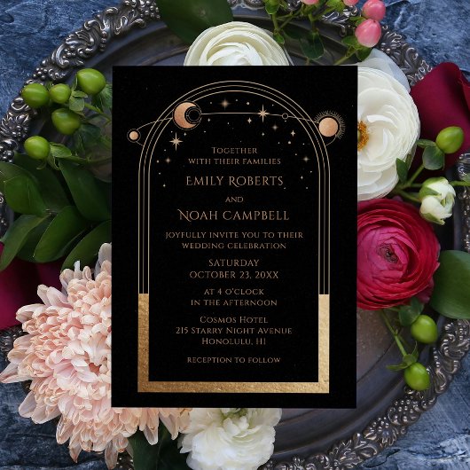 神秘的なシックなブラック金ゴールドスタームーン天文学宇宙 招待状