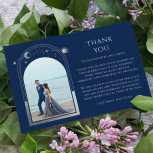 神秘的なシックなブルーシルバースタームーンフォト結婚ズ サンキューカード