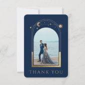 神秘的なシックなブルー金ゴールドスタームーンフォト結婚ズ サンキューカード (正面)