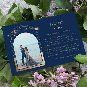 神秘的なシックなブルー金ゴールドスタームーンフォト結婚ズ サンキューカード