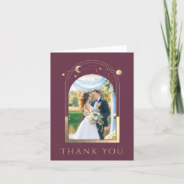 神秘的なシックなプラム金ゴールドスタームーンフォト結婚ズ サンキューカード