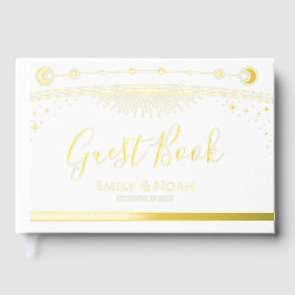 神秘的なシックなホワイトサンムーンスターズ結婚ズ ゲストブック