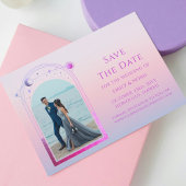 神秘的なシックサンセットピンクスタームーンフォト宇宙 セーブザデート