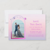 神秘的なシックサンセットピンクスタームーンフォト宇宙 セーブザデート (正面)