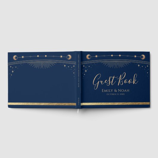 神秘的なシックブルー金ゴールドサンムーンスターズ結婚ズ ゲストブック (全面)