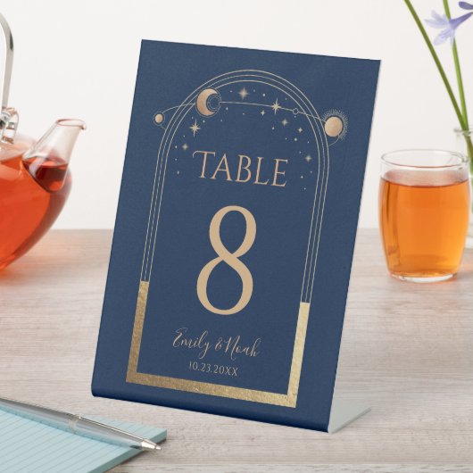 神秘的なシックブルー金ゴールドサンムーンスターズ結婚ズ 台座サイン (インサイチュ)