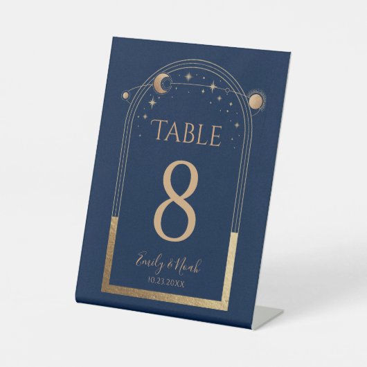 神秘的なシックブルー金ゴールドサンムーンスターズ結婚ズ 台座サイン (正面)