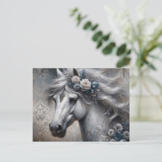 神秘的なシルバーホースオイル塗装ファインアートスタイル ポストカード (スタンド正面)