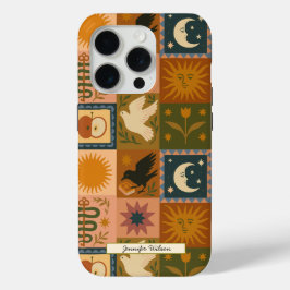 神秘的なシンボルが織りなすボヘミアンな天体パッチワーク iPhone 15 PROケース