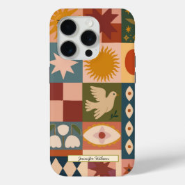 神秘的なシンボルが織りなすボヘミアン・セレステリアン・パッチワーク iPhone 15 PROケース