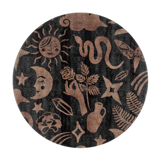 神秘的なシンボル：ヘビ、太陽、月。 カッティングボード (正面)