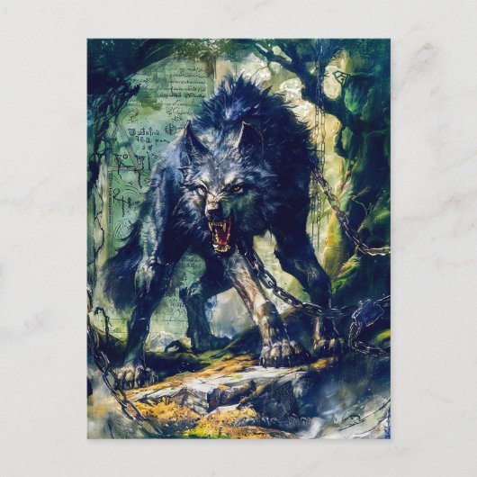 神秘的なシーンに鎖で縛られたフェンリル・ウルフ シーズンポストカード (正面)