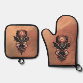 神秘的なタイムトラベル翼、スチームパンク時計。 鍋つかみ&鍋敷きセット (正面)