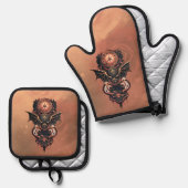 神秘的なタイムトラベル翼、スチームパンク時計。 鍋つかみ&鍋敷きセット (正面/裏面)