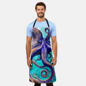 神秘的なタコブルー海波抽象芸術アート エプロン (着用した状態)