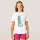 神秘的なターコイズブルーの瞳の白いふわふわ猫 キッズ Tシャツ (正面フル)