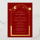 神秘的なダークレッド金ゴールド天空結婚写真 箔招待状 (正面)