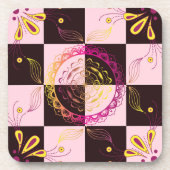 神秘的なチェッカーボード、ピンクと黒のグラフィックアート コースター (正面)