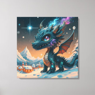 神秘的なチビ(小さくかわいく書いた感じ)ドラゴンウィンターランドスケープ キャンバスプリント
