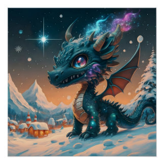 神秘的なチビ(小さくかわいく書いた感じ)ドラゴンウィンターランドスケープ ポスター
