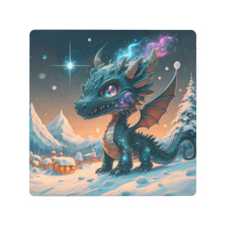神秘的なチビ(小さくかわいく書いた感じ)ドラゴンウィンターランドスケープ メタルプリント