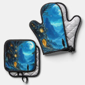 神秘的なツリーホームドリームスケープ 鍋つかみ&鍋敷きセット (正面/裏面)