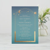 神秘的なティール（緑がかった色）金ゴールドサンスタームーン天文学宇宙 招待状 (スタンド正面)