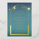 神秘的なティール(緑がかった色)金ゴールドサンスタームーン天文学宇宙 箔招待状 (正面)