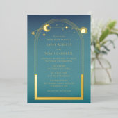 神秘的なティール(緑がかった色)金ゴールドサンスタームーン天文学宇宙 箔招待状 (立ち正面)
