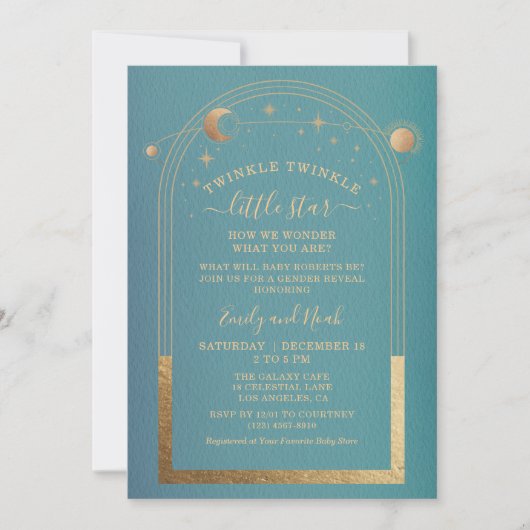神秘的なティール（緑がかった色）金ゴールドサンムーンスターベビーシャワー 招待状 (正面)