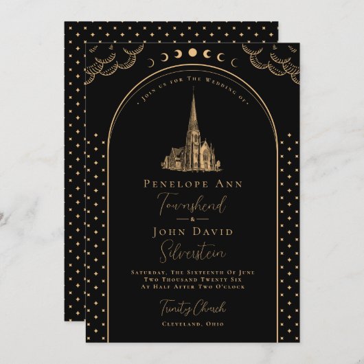 神秘的なデコブラック金ゴールドヴィンテージ結婚教会 招待状 (正面/裏面)