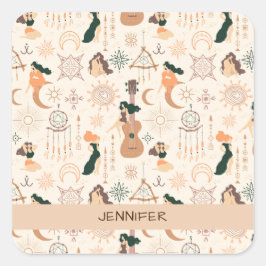 神秘的なドリームキャッチャーを持つボヘミアン・ギター・ガール スクエアシール