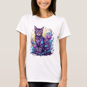 神秘的なネオンキャットロータスアート Tシャツ