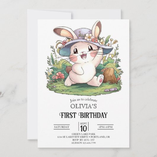 神秘的なバニー1st誕生日デジタル 招待状 (正面)