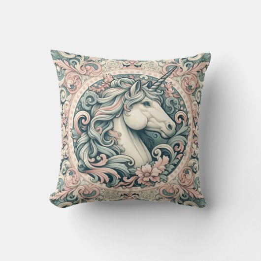 神秘的なビクトリアンユニコーン：魅惑されたフローラ クッション (正面)