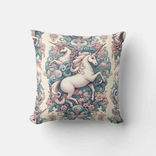 神秘的なビクトリアンユニコーン:魅惑されたフローラ クッション (正面)