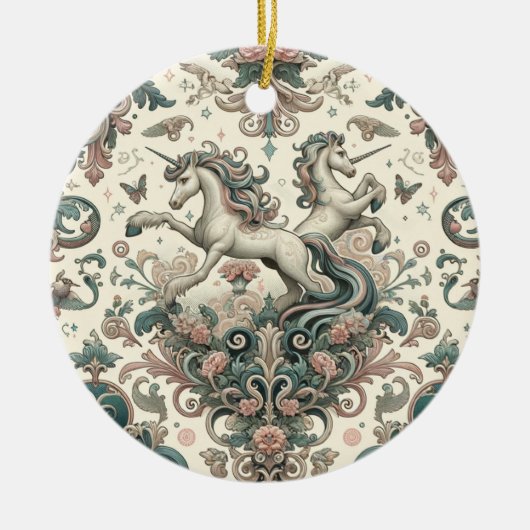 神秘的なビクトリアンユニコーン:魅惑されたフローラ セラミックオーナメント (正面)
