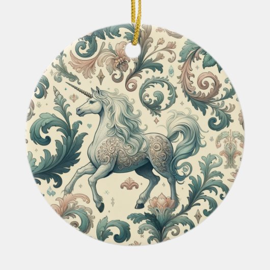 神秘的なビクトリアンユニコーン：魅惑されたフローラ セラミックオーナメント (正面)