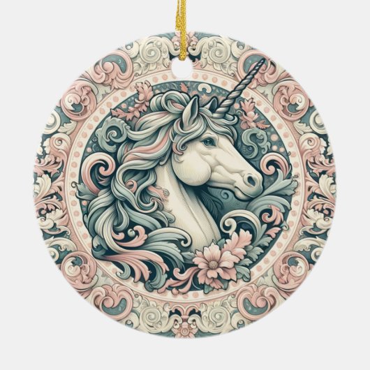 神秘的なビクトリアンユニコーン:魅惑されたフローラ セラミックオーナメント (裏面)