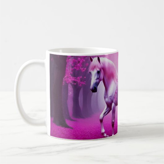 神秘的なピンク色のファンタジー林の馬 コーヒーマグカップ (左)