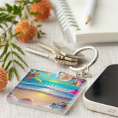 神秘的なファンタジービーチの夕日と熱帯花 キーホルダー (正面右)