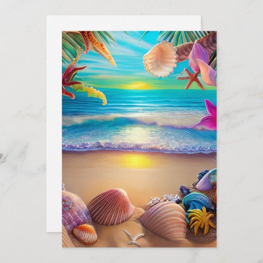 神秘的なファンタジービーチの夕日と熱帯花 シーズンカード (正面/裏面)