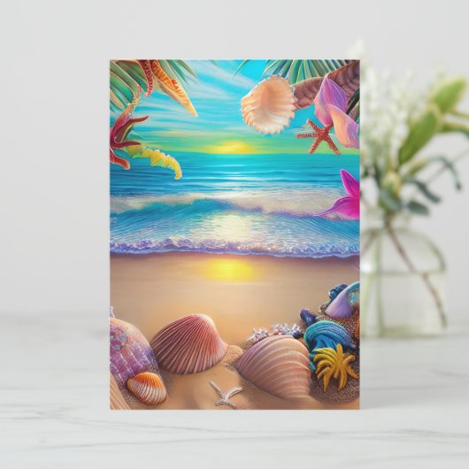 神秘的なファンタジービーチの夕日と熱帯花 シーズンカード (スタンド正面)