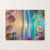 神秘的なファンタジービーチの夕日と熱帯花 ジグソーパズル (横)