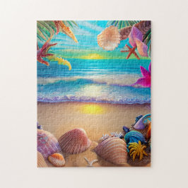 神秘的なファンタジービーチの夕日と熱帯花 ジグソーパズル